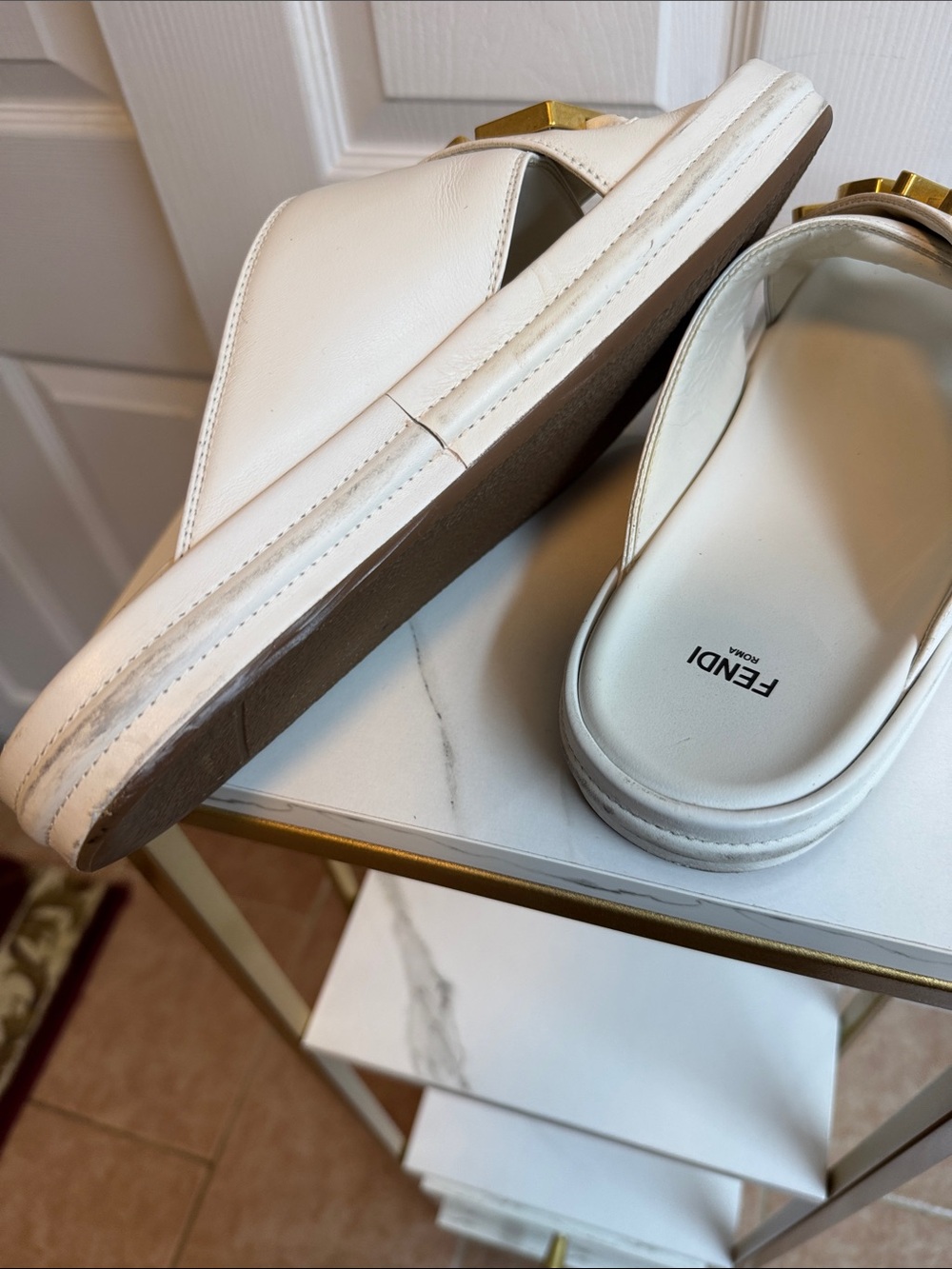 Fendi White Leather Logo Crossover Slide Sandals with Gold Hardware - Picture 7 of 9